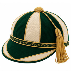 Casquette en velours vert foncé et blanc cassé à prix d'usine avec passepoil tressé doré et pompon – Idéale pour les événements sportifs, les clubs et les célébrations d'équipe - Product Image 1