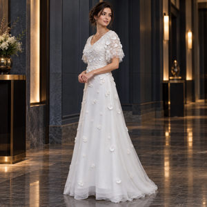 Floral <b>Applique</b> Evening <b>Dress</b> V Neck Flutter Sleeves A-Line Silhouette Formal | White Floor Length Embellished Formal Party Gown - Product Image 3