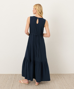 Robe longue sans manches col en V pour femme, coupe trapèze, couleur unie, en coton, ample, respirante, en tissu tissé, robe de soirée - Product Image 4