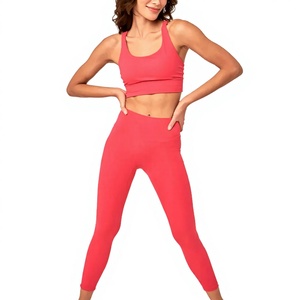 Ensemble de yoga 2 pièces pour femme, taille haute, couleur unie, haut court dos nageur et leggings longs, respirant et sans couture, vêtements de sport - Product Image 1