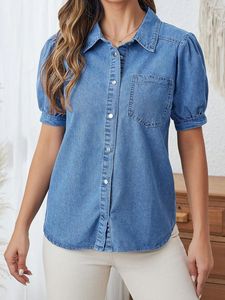 Camisa vaquera de algodón para mujer, blusa de manga larga con botones, cuello vuelto y bolsillos, para uso diario. - Product Image 6