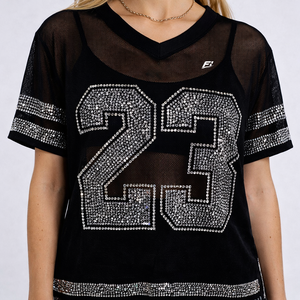 Camiseta Deportiva Moderna Personalizada con Pedrería Rosa Brillante, Camiseta con Cuello en V y Gráficos de Pedrería con Número Personalizado, Camiseta de Fútbol Americano - Product Image 1