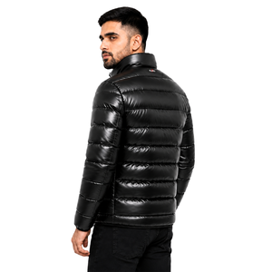 Blouson matelassé unisexe noir brillant, léger, imperméable, coupe-vent, réversible, écologique, col montant, pour l'hiver - Product Image 4