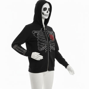 Sweat à capuche zippé pour homme, motif squelette et strass, style streetwear Y2K 2026, avec motif cœur rouge, noir, coupe oversize, effet scintillant HD - Product Image 2