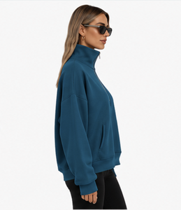 Sweat-shirt oversize pour femme à col montant et fermeture éclair quart, couleur unie, épaules tombantes, en polaire respirante à manches longues pour l'automne - Product Image 2