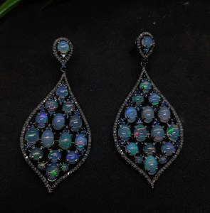 Ethiopian Opal Diamond Earring Pave Diamond Earrings 925 Sterling Silver Handmade <b>Oxidized</b> Dongle Diamond Earring Gift For Her - Product Image 4
