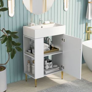 Mobile bagno bianco da 21,6 pollici con lavabo singolo in ceramica, mobiletto e vano portaoggetti laterale sinistro - Set mobiletto singolo - Product Image 2