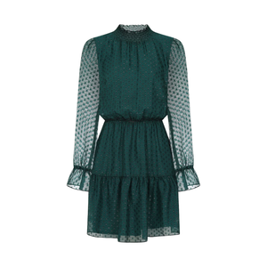 Vestido ajustado midi de manga larga para mujer, de gasa floral con cuello en V, dobladillo con volantes, malla transparente, para fiesta, sostenible, OEM, ODM, venta al por mayor, envío gratis - Product Image 5