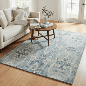 Alfombra de área de medallón transicional de lana y seda anudada a mano, azul helado y marfil, de pelo bajo, para dormitorio - Product Image 1
