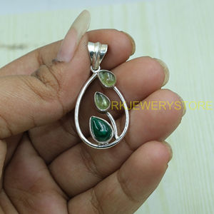 Natural <b>Green</b> Prehnite & <b>Green</b> Malachite Pendant 925 Sterling Silver Handmade Leaf Design Teardrop Gemstone <b>Jewelry</b> for Women - Product Image 5