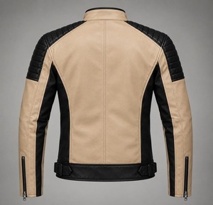 Chaqueta de Cuero Bicolor Beige y Negro para Hombre, Estilo Motero, Inspirada en la Moda Urbana - Product Image 3