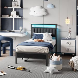 Lit plateforme en métal taille twin avec tête de lit de rangement, ports USB et prises de courant, mobilier de chambre contemporain, directement de l'usine - Product Image 6