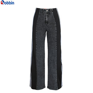 Pantalones de mezclilla de mujer de cintura alta con retazos, de pierna ancha y corte recto, con logo personalizado y franjas laterales, a la moda - Product Image 1