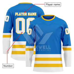 Camiseta de Hockey sobre Hielo Sublimada Personalizada para Hombre, Azul, Amarillo y Blanco a Rayas, Manga Larga, Transpirable, Ropa Deportiva, Corte Regular para Adultos - Product Image 5