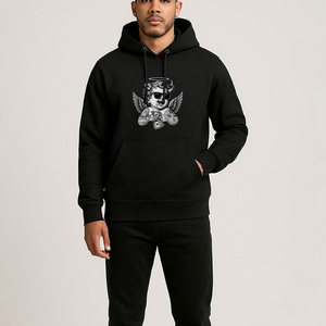 Sweat-shirt à capuche pour homme avec motif d'ange tatoué, en coton noir, en molleton français, streetwear, fabricant de vêtements - Product Image 3