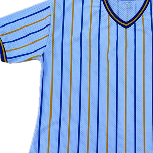 เสื้อเบสบอลลายทางสีขาว SGRho แบบกำหนดเองสำหรับผู้หญิง |   เสื้อเจอร์ซีย์คอวีของชมรมเอสจีโร่ |   โพลีเอสเตอร์ 100% ระบายอากาศได้ดี - Product Image 3