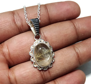 Natural Golden Rutilated Quartz Pendant, 925 Sterling <b>Silver</b> Gemstone <b>Necklace</b> with Chain Handmade Statement Jewelry Gift - Product Image 5