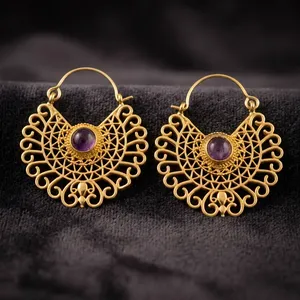 Magnifiques boucles d'oreilles créoles en laiton améthyste, légères et massives, couleur or, pour femmes, idéales pour les anniversaires - Product Image 1