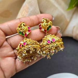 Bridal Jadau Kundan Drop Earrings with Turquoise and Pearl Tassels - Product Image 2