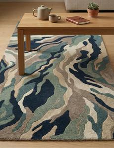 Alfombra de área de ondas abstractas de mármol hecha a mano, la más vendida - Alfombra antideslizante de pelo medio con patrón de camuflaje costero oceánico en azul, verde azulado y beige - Product Image 2