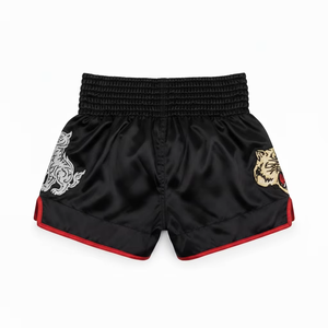 Shorts de Muay Thai Noir avec Bordure Rouge, Broderie Tigre, Logo Avant, Unisexe, Vêtements d'Arts Martiaux, Respirant, Séchage Rapide, Coupe Classique, Taille Adulte - Product Image 6