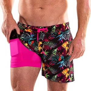 Short de bain floral pour homme avec cordon de serrage à la taille, séchage rapide, poches, coupe décontractée, longueur courte, taille mi-haute, en Spandex et Polyester - Product Image 5