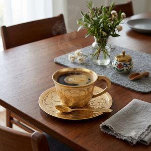 Vintage Hand Engraved Brass <b>Coffee</b> <b>Cup</b> Saucer Set Classical Indian Floral Teacup Drinkware For Home Restaurant Table Decorations - Product Image 3
