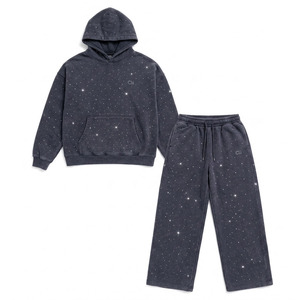 Conjuntos de sudaderas extragrandes con pedrería brillante de alta calidad, pantalones de chándal holgados, ropa de estilo urbano de algodón grueso personalizada - Product Image 5