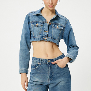 Veste en jean stretch courte pour femme à manches longues, style trucker, délavée à la pierre - Product Image 1