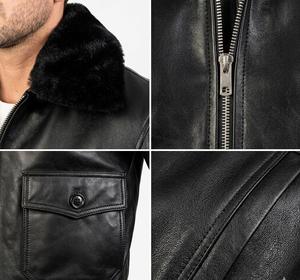 Men's Genuine Leather Bomber <b>Jacket</b> Stand Collar Waterproof Windproof Winter Moto Style Zipper Closure Regular Fit Front Logo - Product Image 5