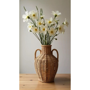 Eco-Friendly Handwoven Boho Home Decor Rustic Tabletop Dried Flower Container Natural <b>Wicker</b> Woven Rattan Flower <b>Vase</b> Low Price - Product Image 2