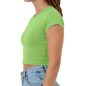 Women <b>Green</b> Crew Neck Short Sleeve Solid Color Slim Fit <b>Crop</b> <b>Top</b> T-Shirt - Product Image 2