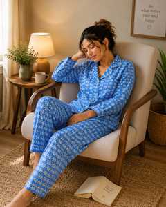 Soft 100% Cotton Woven Floral Print Blue <b>Pyjama</b> Set <b>for</b> Women | Luxury Hand Block Print Nightwear | Button Sleepwear Loungewear - Product Image 6