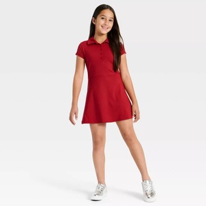Robe polo rouge à manches courtes pour filles, en coton tricoté, uniforme scolaire primaire - Product Image 3