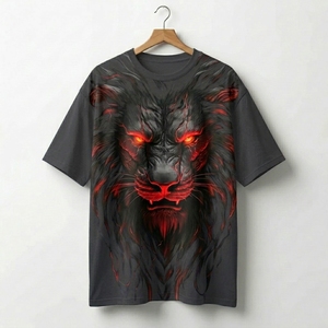 Men's Black Lion Red Eyes Printed T-Shirt Short Sleeve O-Neck Casual Regular Fit Jersey Polyester <b>Animal</b> <b>Pattern</b> - Product Image 3