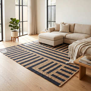 Alfombra de Yute Tejida a Mano con Rayas Negras de 10' x 14' para Sala de Estar, Estilo Contemporáneo, Rústico y Loft Urbano - Product Image 1