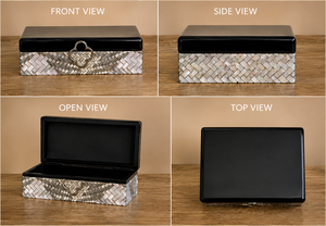Black Lacquered Glass Jewelry Storage <b>Box</b> with Woven Mother of Pearl Inlay Nickel Emblem <b>Soft</b> Felt Interior Keepsake Organizer - Product Image 4