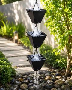 Chaîne de pluie carrée moderne de haute qualité, faite à la main, en cuivre, à maillons traditionnels noirs, pour jardin et descentes de toit - Product Image 4