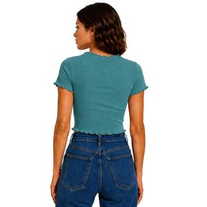 Teal Ribbed Crop <b>Top</b> Women Short Sleeve Lettuce Trim Crew Neck Cotton Spandex Slim Fit Casual Summer T Shirt Custom OEM Supplier - Product Image 2