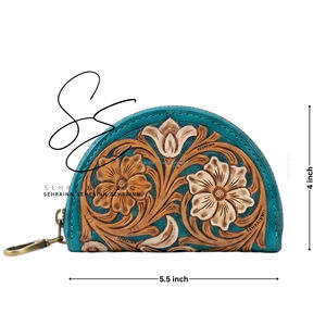 Porte-monnaie en cuir repoussé fait main, motif floral turquoise, porte-cartes, pochette à monnaie, portefeuille en cuir style western pour femme - Product Image 2