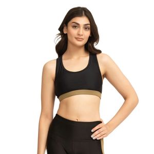 <b>Women</b> <b>Black</b> Sports Bra Racerback <b>Crop</b> <b>Top</b> Athletic Tank with Lime Green Band Sleeveless Workout Yoga Fitness Training - Product Image 1