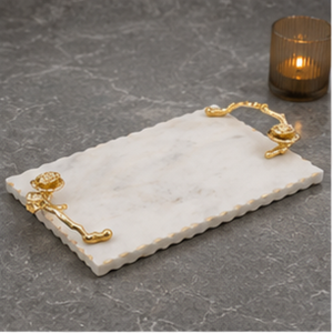 Rectangular Marble <b>Storage</b> Tray With Gold Metal Handles Modern Design Living Room <b>Tabletop</b> Accessory - Product Image 2