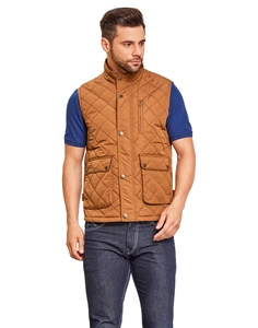 Chaleco Acolchado Marrón para Hombre, Cuello Alto, Cierre de Botones, Cortavientos, Ropa Casual de Otoño, Largo Regular, Color Sólido, Poliéster - Product Image 1