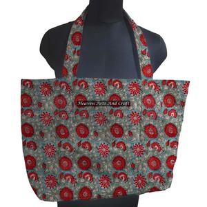 Handmade Floral Block Printed Cotton Canvas Tote Bag Women's Indian Style Hand Block Print Shoulder Carry Bag Pure Cotton Canvas - Product Image 1