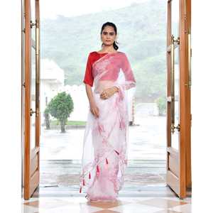 Sari traditionnel en organza rouge Kalash peint à la main, manches trois-quarts, taille unique, avec pièce de chemisier en mousseline de soie incluse, pour femme - Product Image 1