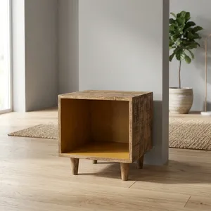 <b>Rustic</b> Wooden <b>Bedside</b> Cube <b>Table</b> with Open Storage Compartment and Tapered Legs for Bedroom - Product Image 1