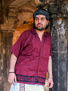 Men <b>Maroon</b> Khadi Cotton Short Kurta Shirt with Hand Block Printed Border Traditional Rajasthani Ethnic Fusion Wear <b>Top</b> - Product Image 4