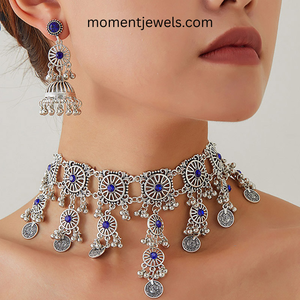 Vintage Ethnic Jewelry <b>Set</b> Choker Necklace and Drop Earrings Alloy <b>Crystal</b> Rhinestone Wedding Party Accessory for Women - Product Image 3