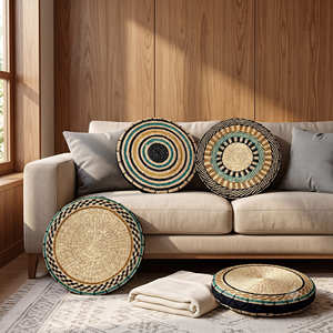Taburete y Otomana Redondos de Fibra Natural Tejida, Diseño Rústico Moderno, Multicolor - Product Image 6