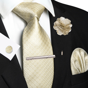 Corbatas a cuadros marrones y amarillas para hombre, conjunto de lujo de corbata de seda de 8 cm, pajarita, pañuelo de bolsillo y gemelos, accesorios para negocios, fiestas y bodas - Product Image 3